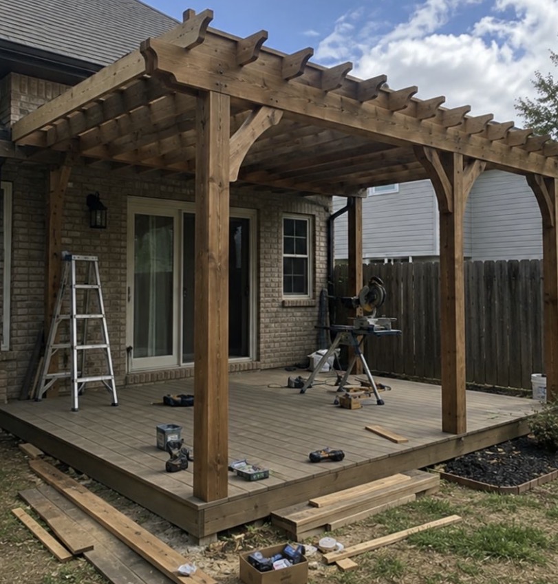 Cedar pergola built over a new back patio deck