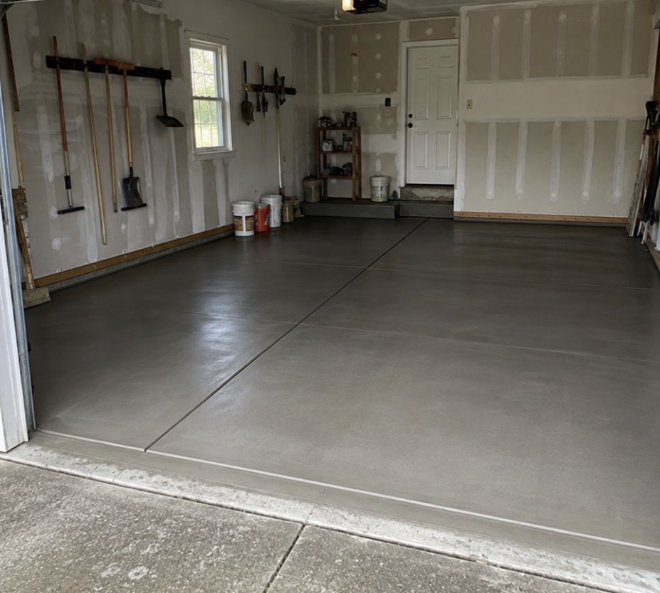 Freshly poured and finished garage concrete floor