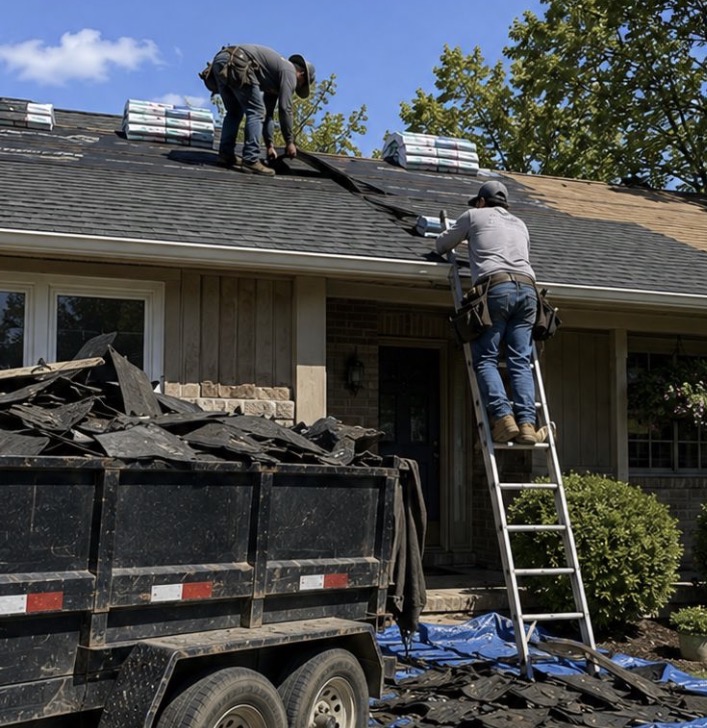 Roofing crew stripping and replacing shingles on a home
