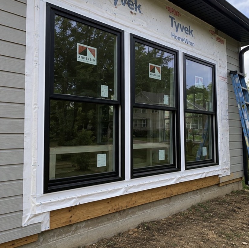 New black-framed windows installed in a house exterior