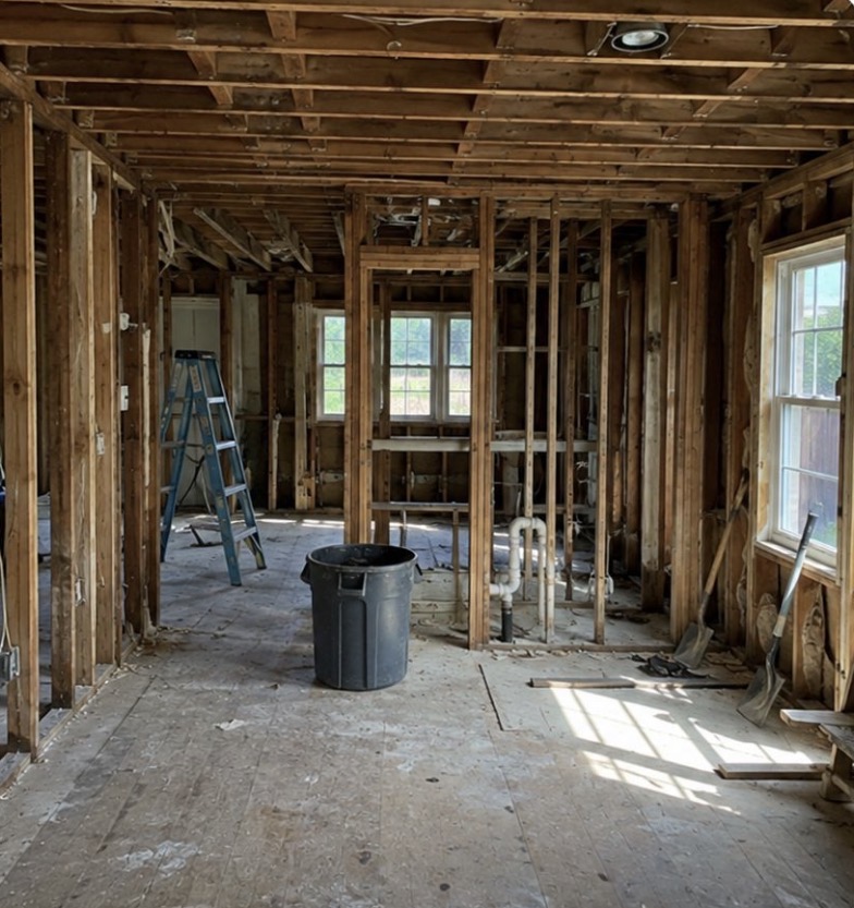 Interior stripped back to studs during a full renovation