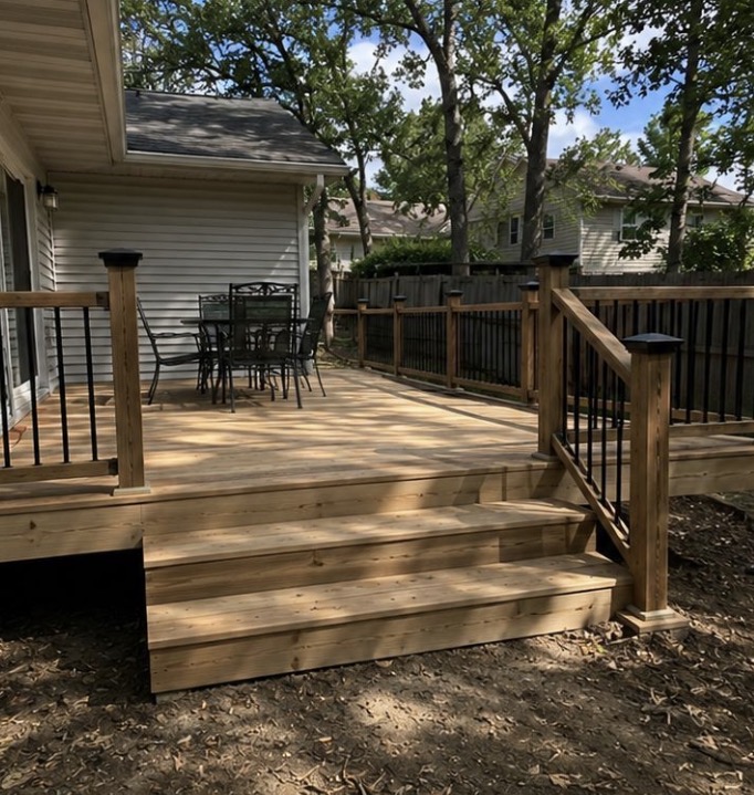 Newly built timber deck with steps and black railings