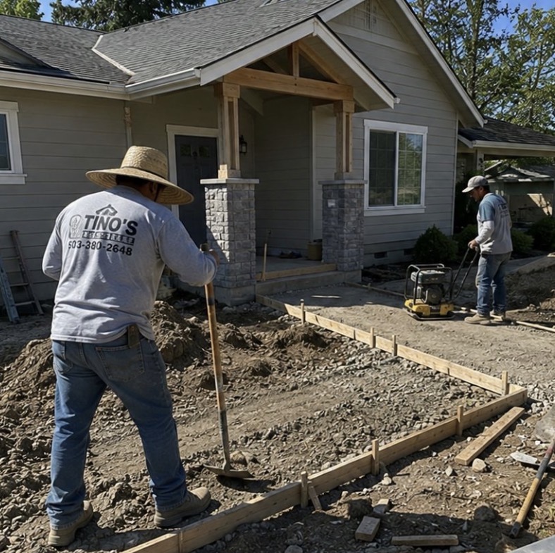 Crew forming and prepping a concrete walkway at a house